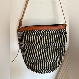 Woven Black and White Shoulder Bag with Tan Leather Trim